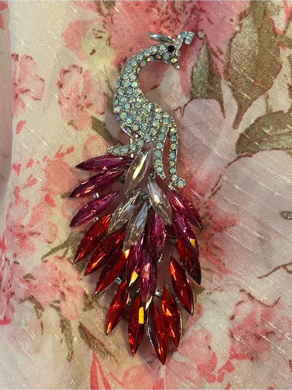 Vintage Rhinestone Peacock Brooch in Red and Pink Marquise Crystals